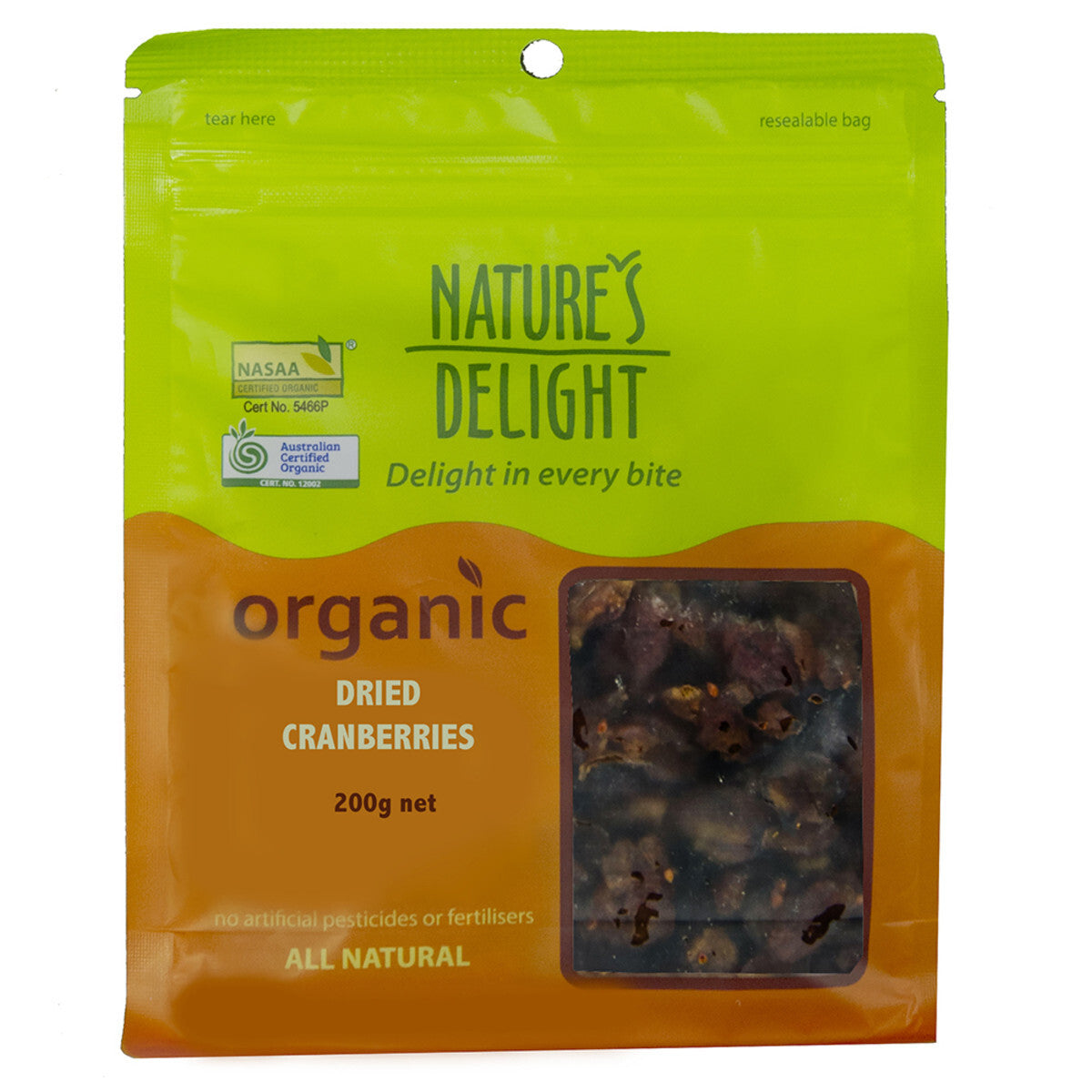 Natures Delight Organic Cranberries Dried 200g